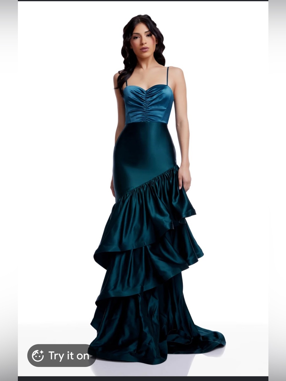 Dress the Population Teal Satin Ruffled Maxi Gown
